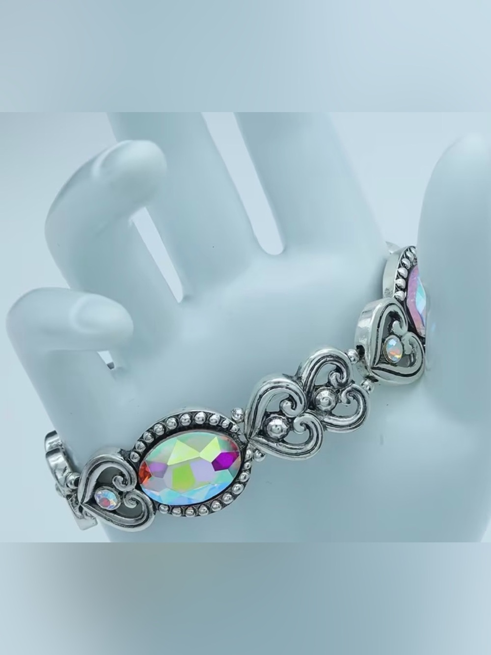 Western Bracelet Synthetic Aurora Crystal Heart Link Bracelet - Iridescent - Picture 2 of 3